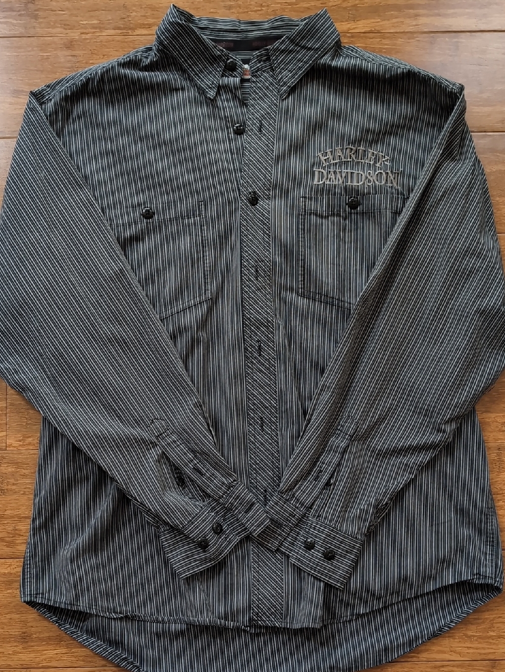Harley-Davidson Men's L Blue Gray Striped Button-Down Shirt | Embroidered Logo